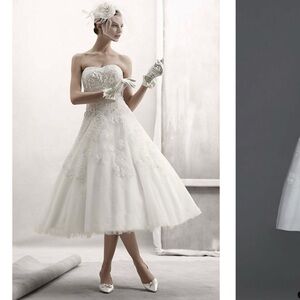 Oleg Cassini Strapless Tulle Embellished Tea Length Gown-White, Size 12 # CPK437